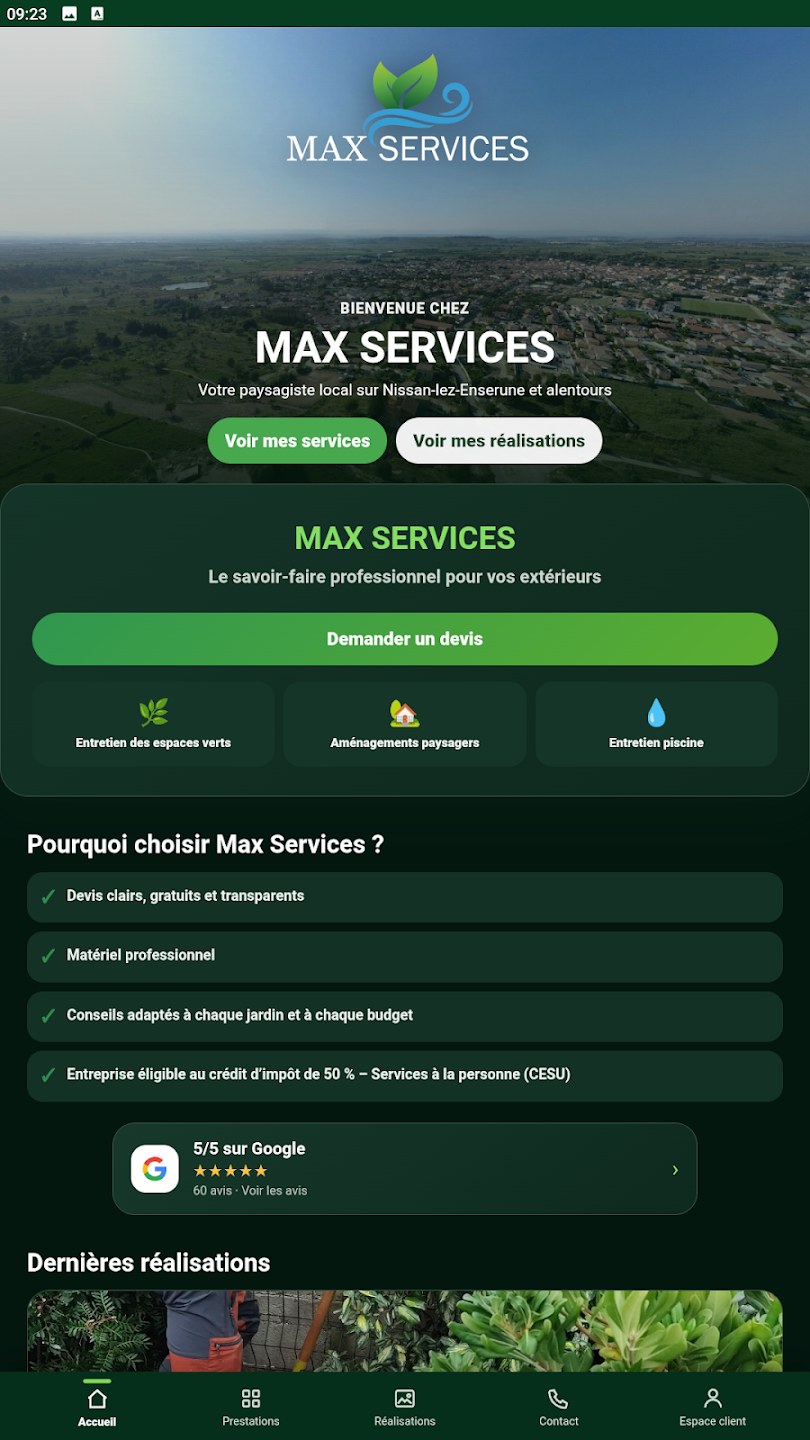 Accueil de l'application Max Services